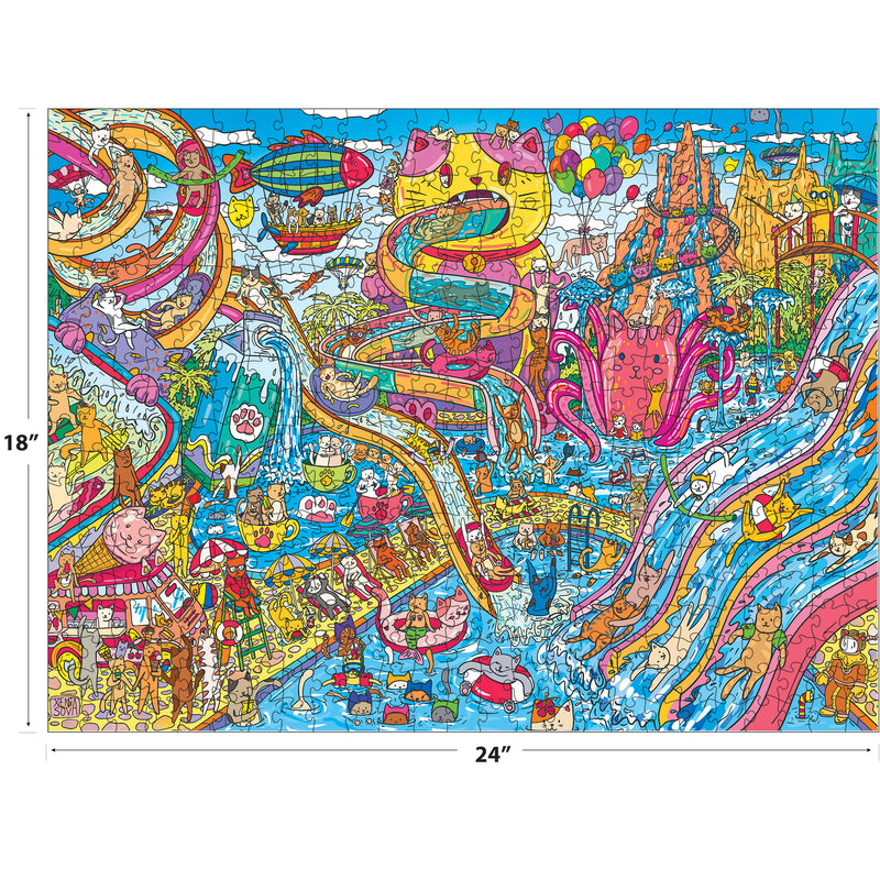 Experience the ROSEART-CATOPIA-WATER PARK-500 PIECE JIGSAW PUZZLE, featuring a vibrant 18x24 inch cat-themed water park with rides, slides, balloons, and playful cats in a whimsical illustration.
