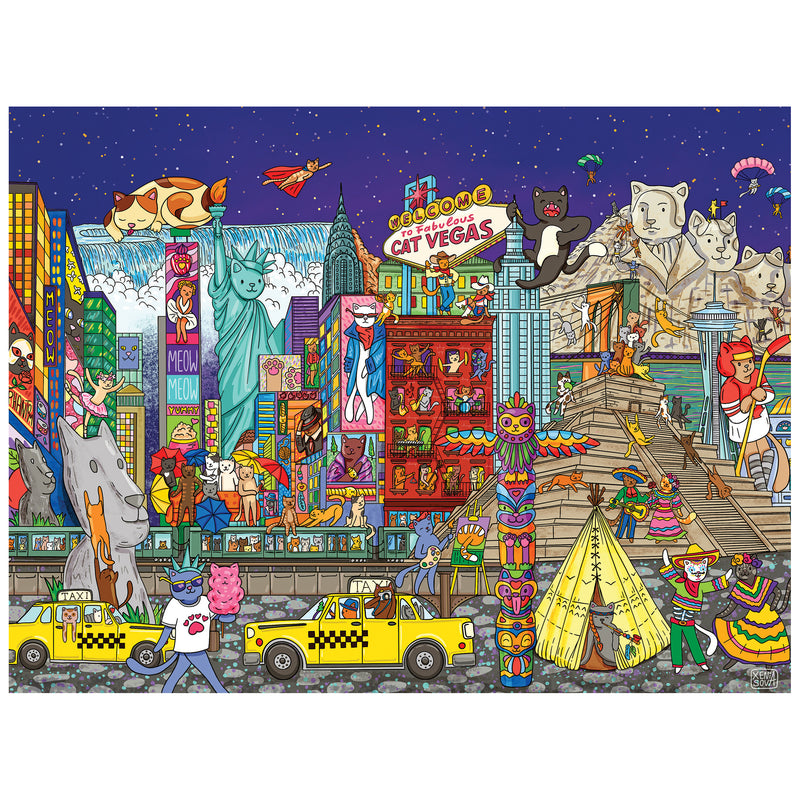 Colorful cartoon city scene featuring cat-themed landmarks, skyscrapers, taxis, and costumed cats under a starry sky—perfect for the ROSEART-CATOPIA-AMERICAT-500 PIECE JIGSAW PUZZLE.