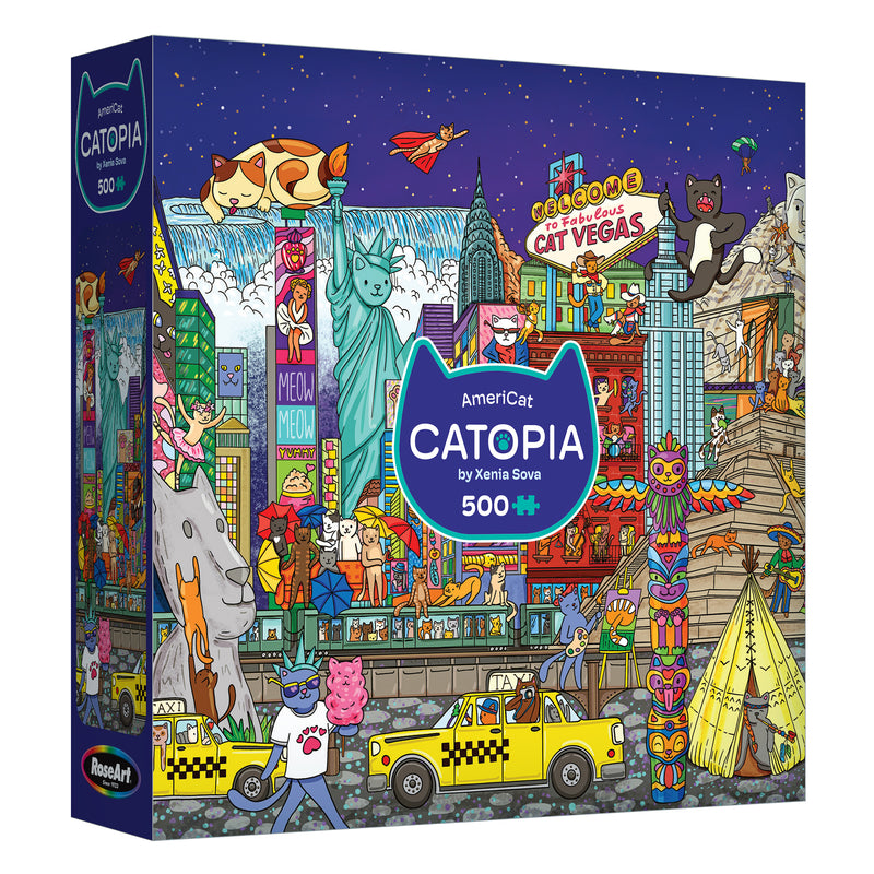 ROSEART-CATOPIA-AMERICAT-500 PIECE JIGSAW PUZZLE showcases a lively Las Vegas cityscape of cats, taxis, buildings, and cat landmarks. A must-have for RoseArt fans and cat lovers!.
