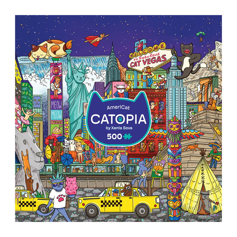 Vibrant cityscape with cats, buildings, and taxis surrounds the "CATOPIA" logo and 500-piece count. The ROSEART-CATOPIA-AMERICAT-500 PIECE JIGSAW PUZZLE is a playful pick for cat lovers and urban explorers!.