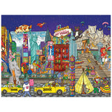 The ROSEART-CATOPIA-AMERICAT 500 PIECE JIGSAW PUZZLE showcases a whimsical cityscape where cats replace people, with cat-themed signs, yellow taxis, and a starry night sky—perfect for puzzle fans and cat lovers alike.