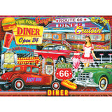 A vibrant 1950s-themed diner illustration with jukebox, classic cars, a waitress, and neon signs for burgers, hot dogs, and Route 66. The scene features retro decor and bright colors. This is the RoseArt - Kodak Premium - 50's Diner - 1000 Piece Jigsaw Puzzle.