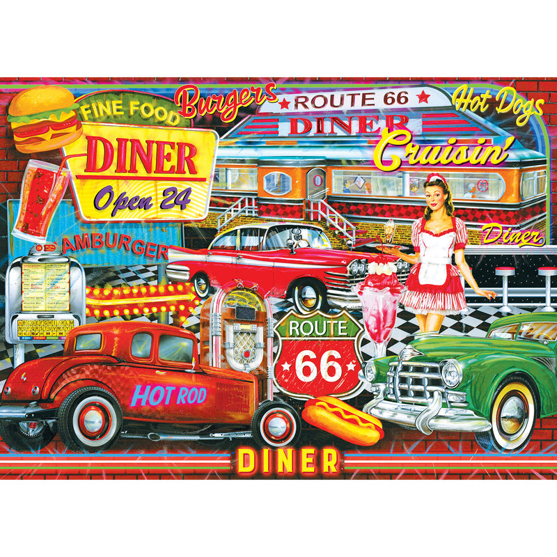 A vibrant 1950s-themed diner illustration with jukebox, classic cars, a waitress, and neon signs for burgers, hot dogs, and Route 66. The scene features retro decor and bright colors. This is the RoseArt - Kodak Premium - 50's Diner - 1000 Piece Jigsaw Puzzle.