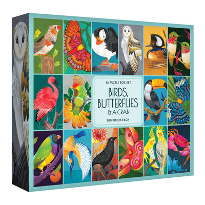 The ROSEART-GIFT SET-BIRDS, BUTTERFLIES AND A CRAB features a colorful 16 puzzle box set with 100-piece puzzles illustrated with birds, butterflies, and a crab—perfect as a vibrant gift.