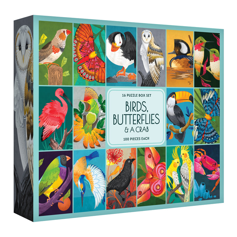 The ROSEART-GIFT SET-BIRDS, BUTTERFLIES AND A CRAB features a colorful 16 puzzle box set with 100-piece puzzles illustrated with birds, butterflies, and a crab—perfect as a vibrant gift.