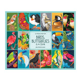 The ROSEART-GIFT SET-BIRDS, BUTTERFLIES AND A CRAB is a vibrant puzzle box featuring illustrated birds, butterflies, and a crab in sixteen colorful panels arranged around a central title label.