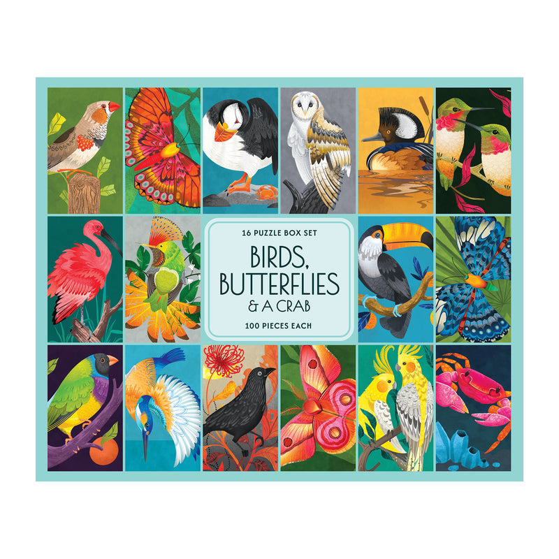 The ROSEART-GIFT SET-BIRDS, BUTTERFLIES AND A CRAB is a vibrant puzzle box featuring illustrated birds, butterflies, and a crab in sixteen colorful panels arranged around a central title label.