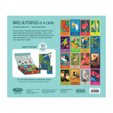 Back of the ROSEART-GIFT SET-BIRDS, BUTTERFLIES AND A CRAB box showing 16 illustrated designs featuring birds, butterflies, and a crab, plus box contents and product details.