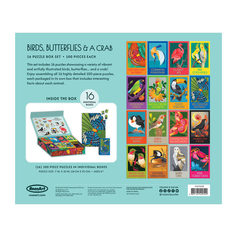 Back of the ROSEART-GIFT SET-BIRDS, BUTTERFLIES AND A CRAB box showing 16 illustrated designs featuring birds, butterflies, and a crab, plus box contents and product details.