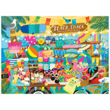 ROSEART - SEEK & FIND - BEACH SOUVENIR SHOP 1000 Piece Jigsaw Puzzle features a vibrant beach souvenir stand with towels, sunglasses, hats, seashells, beach balls, signs, and surfboards. Perfect for hours of relaxing fun!.