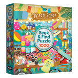 The ROSEART Seek & Find Beach Souvenir Shop 1000-piece jigsaw puzzle features a vibrant beach shop scene with various items and decorations. The RoseArt logo is displayed on the lower left of the box.