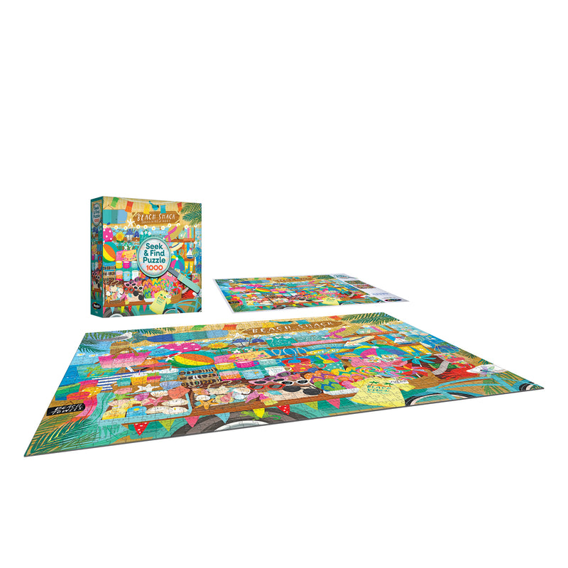 The ROSEART Seek & Find Beach Souvenir Shop 1000 piece jigsaw puzzle features a vibrant beach scene with animals, balloons, banners, and a festive souvenir shop. Shown completed, partially assembled, and in its box.