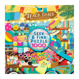 Colorful illustration of a beach souvenir shop filled with summer items, featuring a large magnifying glass on the box for the ROSEART Seek & Find Beach Souvenir Shop 1000 Piece Jigsaw Puzzle.