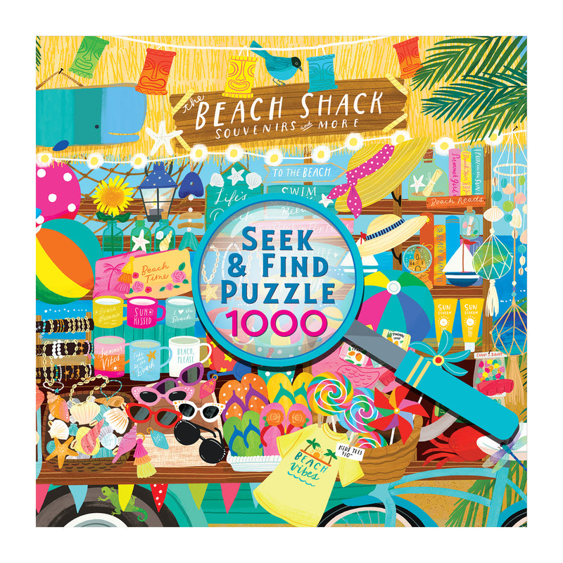 Colorful illustration of a beach souvenir shop filled with summer items, featuring a large magnifying glass on the box for the ROSEART Seek & Find Beach Souvenir Shop 1000 Piece Jigsaw Puzzle.