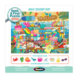 ROSEART - SEEK & FIND - BEACH SOUVENIR SHOP is a 1000-piece jigsaw puzzle featuring a vibrant illustration of a busy beach souvenir shop packed with themed items, signs, and decorations. Enjoy seeking and finding hidden objects as you assemble!.