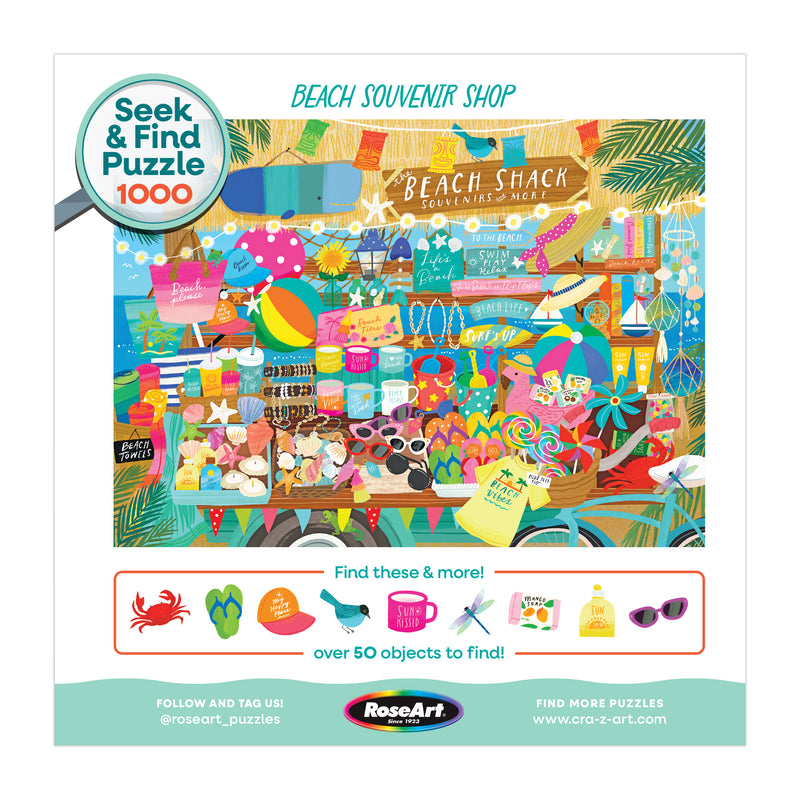 ROSEART - SEEK & FIND - BEACH SOUVENIR SHOP is a 1000-piece jigsaw puzzle featuring a vibrant illustration of a busy beach souvenir shop packed with themed items, signs, and decorations. Enjoy seeking and finding hidden objects as you assemble!.