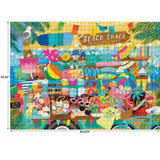 The ROSEART SEEK & FIND BEACH SOUVENIR SHOP is a 1000-piece jigsaw puzzle featuring a colorful illustrated beach shack souvenir shop, measuring 19.25" x 26.625".