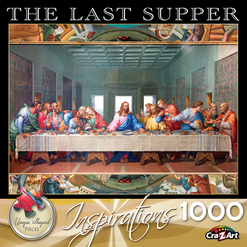 A RoseArt - Inspirations - Last Supper - 1000 Piece Jigsaw Puzzle box depicting Leonardo da Vinci's "The Last Supper" with text indicating unique shaped pieces and the brand Cra-Z-Art.