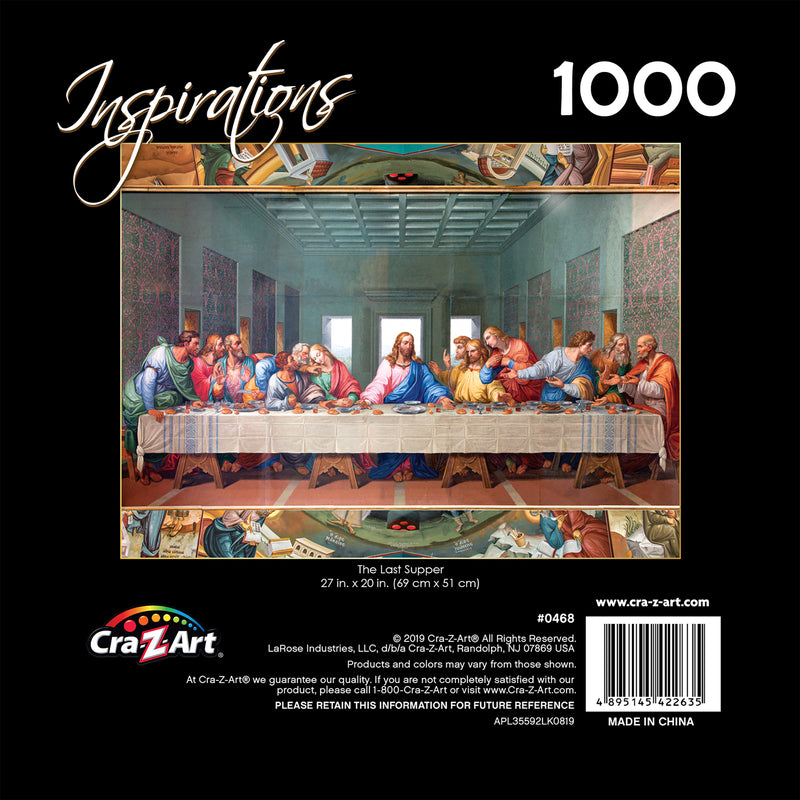 Box of a RoseArt - Inspirations - Last Supper - 1000 Piece Jigsaw Puzzle. The puzzle image is a depiction of Leonardo da Vinci's "The Last Supper." The box also includes logos, product details, and a company disclaimer.