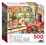 A **RoseArt - Puzzle Collector - Baking with Mom - 500 Piece Jigsaw Puzzle** box featuring a retro kitchen scene with a woman and child baking. The set includes a bonus puzzle poster.