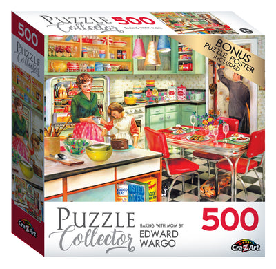 A **RoseArt - Puzzle Collector - Baking with Mom - 500 Piece Jigsaw Puzzle** box featuring a retro kitchen scene with a woman and child baking. The set includes a bonus puzzle poster.