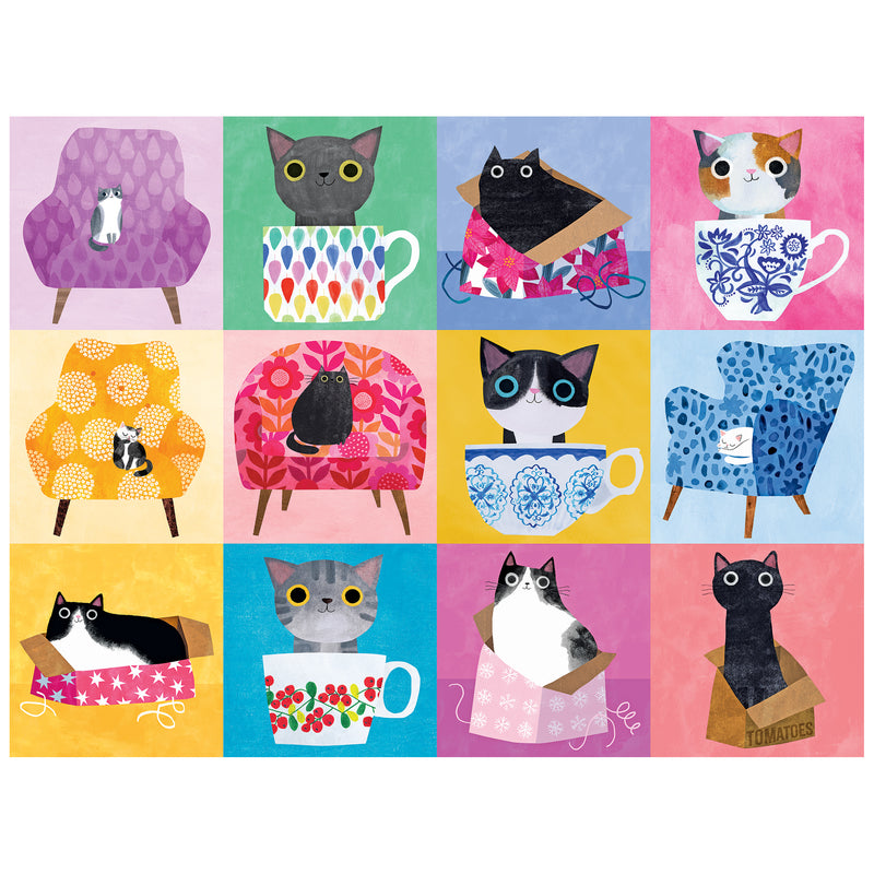 Enjoy the ROSEART-PLANET CAT-CATS AT HOME-300 PIECE JIGSAW PUZZLE, featuring twelve cats perched on objects like chairs and cups, arranged in a vibrant 4x3 grid—perfect for cat lovers and puzzle fans alike.