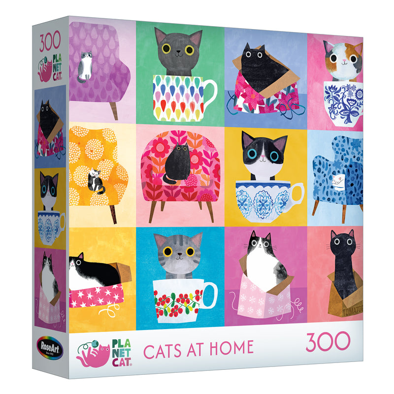 The ROSEART-PLANET CAT-CATS AT HOME 300-piece jigsaw puzzle features illustrated cats relaxing in mugs, chairs, and boxes against colorful patterned backgrounds.