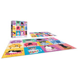 The ROSEART-PLANET CAT-CATS AT HOME 300 piece jigsaw puzzle features illustrated cats in teacups on vibrant backgrounds and comes with its box and reference image—perfect for playful cat fans.