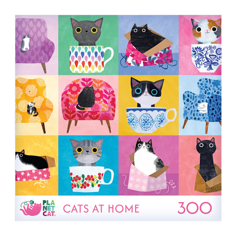 The ROSEART-PLANET CAT-CATS AT HOME 300 piece jigsaw puzzle features illustrated cats in vibrant cups, boxes, and armchairs—a fun challenge for any cat lover.