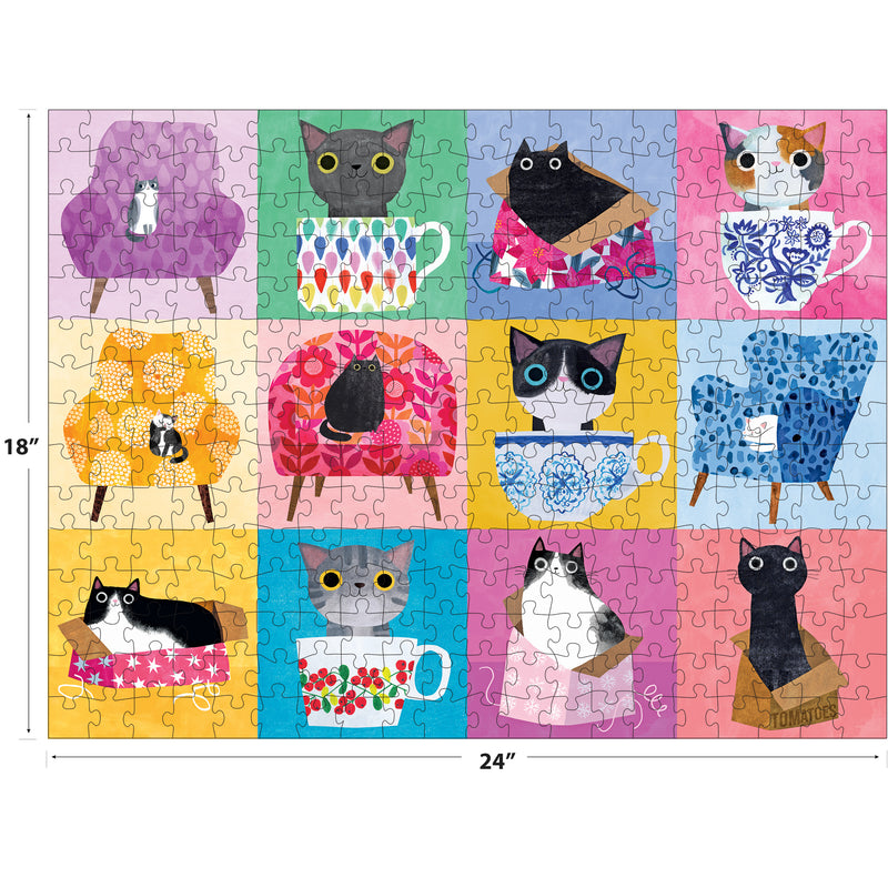 The ROSEART-PLANET CAT-CATS AT HOME 300-piece jigsaw puzzle showcases cats lounging in chairs, teacups, and boxes on vibrant backgrounds. Finished size is 18 x 24 inches.