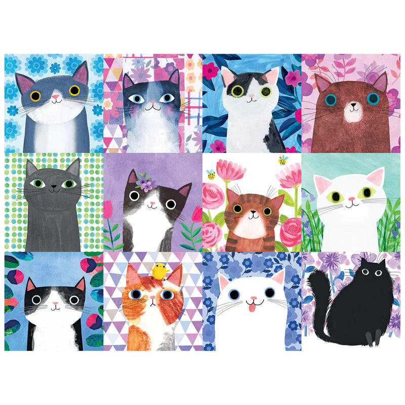 The ROSEART-PLANET CAT-FLORAL CATS-300 PIECE JIGSAW PUZZLE features twelve unique illustrated floral cats in colorful, geometric backgrounds, creating a delightful and charming challenge for puzzle enthusiasts.