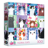The ROSEART-PLANET CAT-FLORAL CATS 300 piece jigsaw puzzle features illustrated cats in colorful patterns, each set against a vibrant floral background.