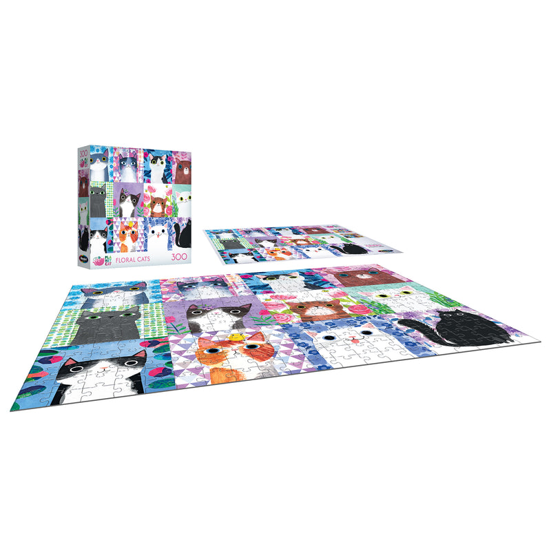 The ROSEART-PLANET CAT-FLORAL CATS 300 Piece Jigsaw Puzzle showcases colorful floral cats in patterned squares, shown completed alongside its box.