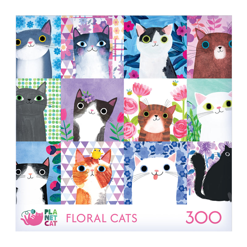 The ROSEART-PLANET CAT-FLORAL CATS 300 piece jigsaw puzzle features illustrated floral cats with charming backgrounds.
