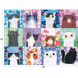 The ROSEART-PLANET CAT-FLORAL CATS 300 piece jigsaw puzzle measures 24" x 18" and showcases whimsical floral cats, each on a colorful patterned square background.
