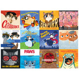 The ROSEART PLANET CAT MOVIE CATS 300 Piece Jigsaw Puzzle features twelve illustrated posters of famous films reimagined with playful cat-themed titles and art—perfect for any planet cat enthusiast.