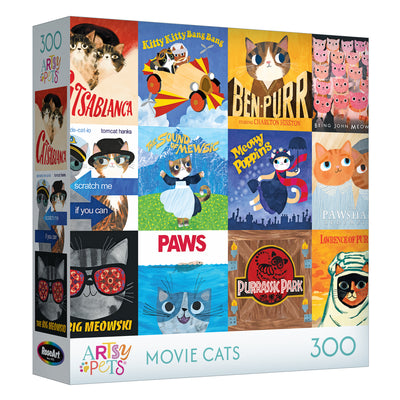The ROSEART-PLANET CAT-MOVIE CATS 300 piece jigsaw puzzle features illustrated cat parodies of classic movie posters from the Artsy Cats collection.