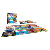 A completed ROSEART-PLANET CAT-MOVIE CATS-300 PIECE JIGSAW PUZZLE, featuring illustrated cat-themed movie poster parodies, sits beside its vibrant RoseArt box.