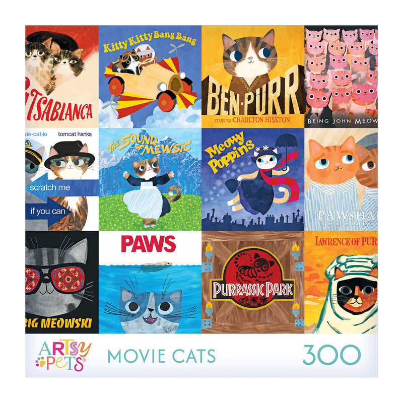 Enjoy piecing together the ROSEART-PLANET CAT-MOVIE CATS-300 PIECE JIGSAW PUZZLE featuring illustrated cat parodies of classic movies—ideal for film fans and puzzle lovers alike.