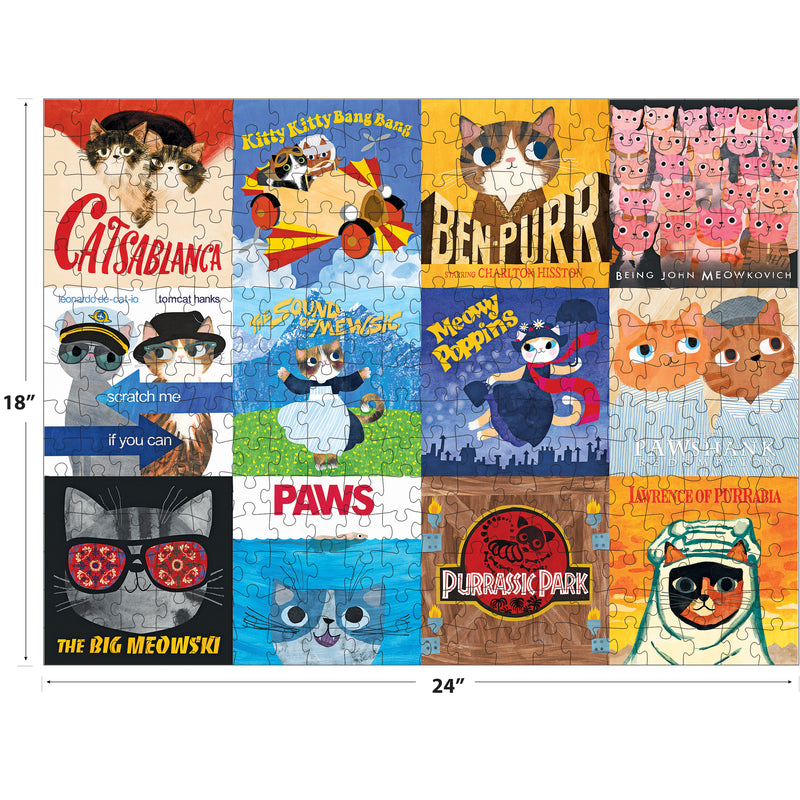 The ROSEART-PLANET CAT-MOVIE CATS-300 PIECE JIGSAW PUZZLE features twelve illustrated movie poster parodies with cats as stars, each cleverly spoofing famous films—a must-have for movie cat fans!.