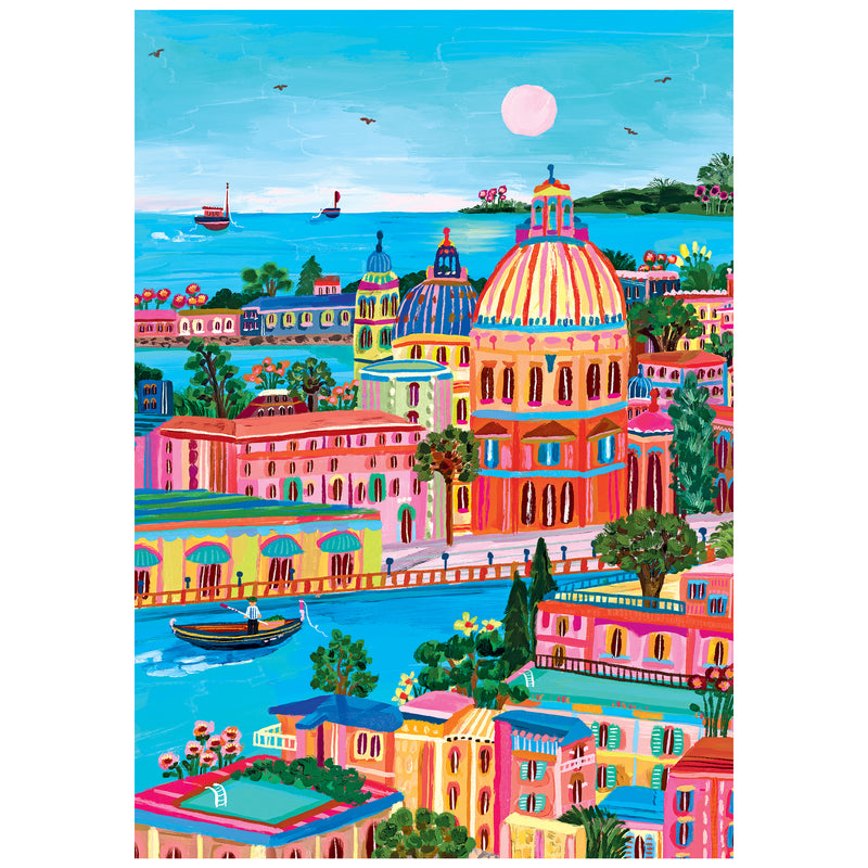 Enjoy the ROSEART-KODAK CAMERA TO CANVAS-VENICE 500 PIECE JIGSAW PUZZLE featuring a vibrant cityscape with domed buildings, boats on a canal, lush greenery, and a bright sky—perfect for puzzle lovers.