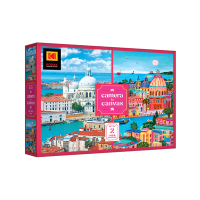 Box of ROSEART-KODAK Camera to Canvas Venice 500-piece jigsaw puzzle featuring a vibrant cityscape with domed churches and waterfront buildings under a bright blue sky.