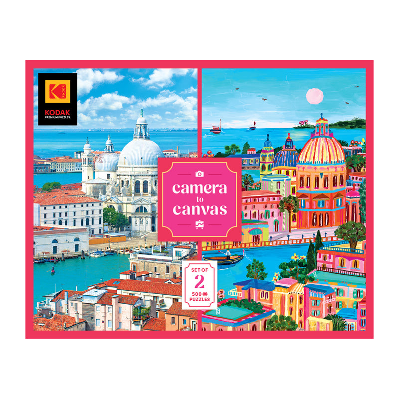 Front of a ROSEART-KODAK CAMERA TO CANVAS-VENICE 500 Piece Jigsaw Puzzle box, featuring two Venice scenes—one realistic, one colorful; set of 2 puzzles, 500 pieces each.