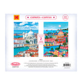 The back of the ROSEART-KODAK CAMERA TO CANVAS-VENICE-500 PIECE JIGSAW PUZZLE box shows two Venice puzzles: one with a realistic Kodak photo and another with a colorful illustration, labeled "camera to canvas.
