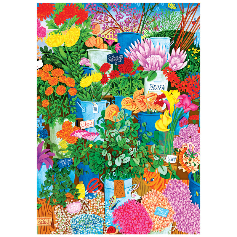 Vivid illustration of flower bouquets in blue buckets with labels like protea and local, green foliage, and gardening tools—captured through a KODAK lens. ROSEART-KODAK CAMERA TO CANVAS-COLORFUL FLOWERS 500-piece jigsaw puzzle.
