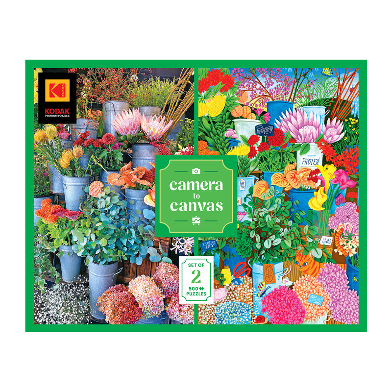 The ROSEART-KODAK CAMERA TO CANVAS-COLORFUL FLOWERS-500 PIECE JIGSAW PUZZLE features vibrant floral scenes in metal buckets, perfect for puzzle fans and Kodak camera artistry enthusiasts.