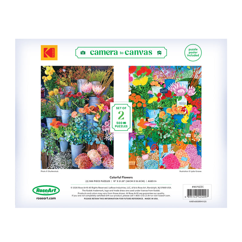 The ROSEART-KODAK CAMERA TO CANVAS-COLORFUL FLOWERS set includes two 500-piece jigsaw puzzles featuring vibrant flower images—ideal for fans of Kodak camera-inspired art.