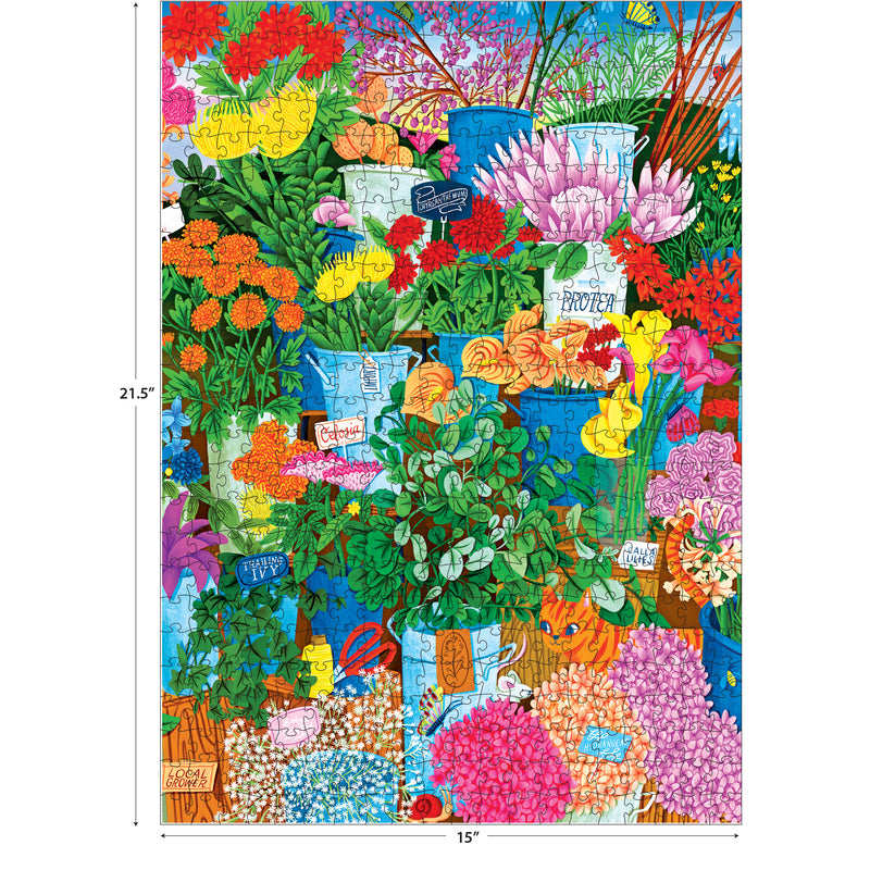 The ROSEART-KODAK CAMERA TO CANVAS-COLORFUL FLOWERS 500-piece jigsaw puzzle features a vibrant illustration of flowers and plants in blue buckets with handwritten labels, set against a white background with puzzle dimensions shown.