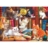A group of kittens play and explore in a cluttered study filled with old books, a globe, a feather quill, a candle, and various other objects that features the RoseArt - Kodak Premium - Library Mischief - 1000 Piece Jigsaw Puzzle.