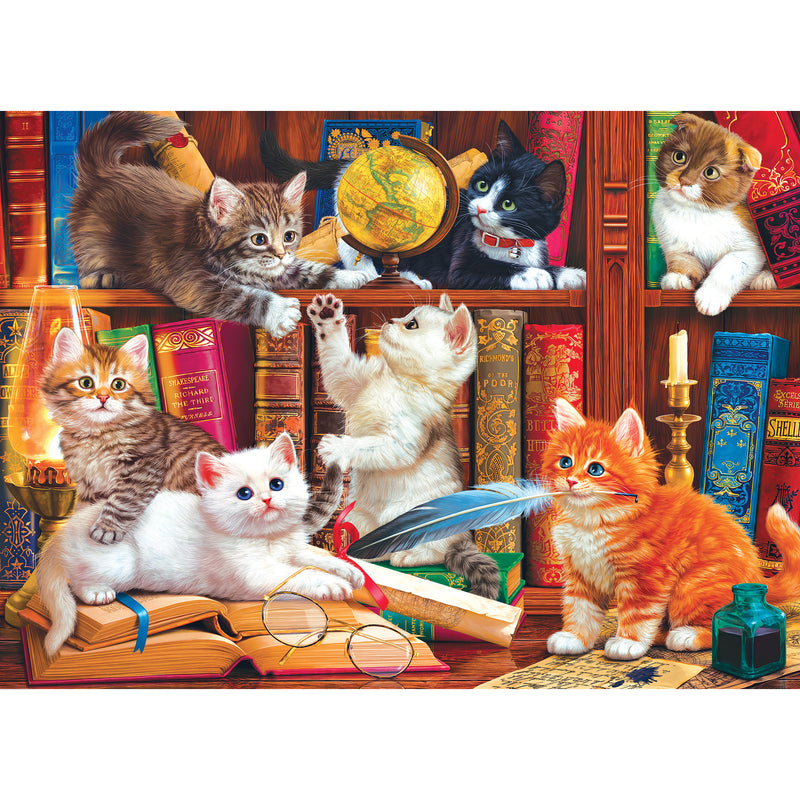 A group of kittens play and explore in a cluttered study filled with old books, a globe, a feather quill, a candle, and various other objects that features the RoseArt - Kodak Premium - Library Mischief - 1000 Piece Jigsaw Puzzle.